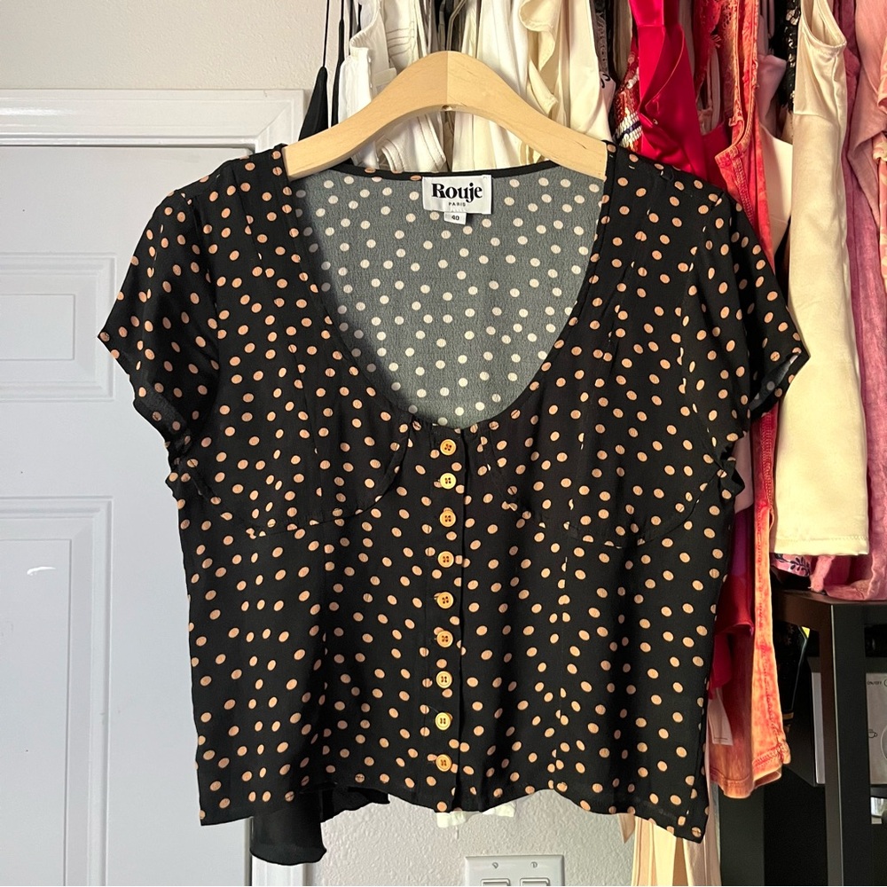 ROUJE PARIS black tan dot viscose scoop neck cropped short sleeve top